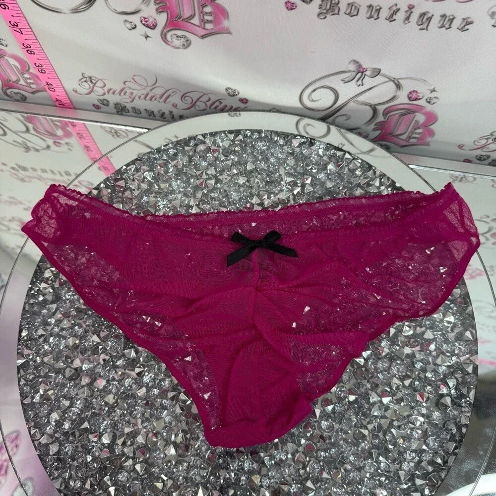 Victoria’s Secret set 2 piece rhinestone Sheer Fuchsia Babydoll matching ribbon